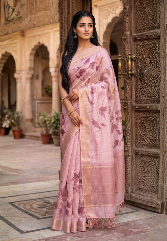 Dusty pink abstract geometric pattern cotton saree inspired by a darker crimson pink  print with  zari border