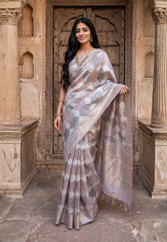 Lilac geometric cotton saree featuring shades of grey with zari border