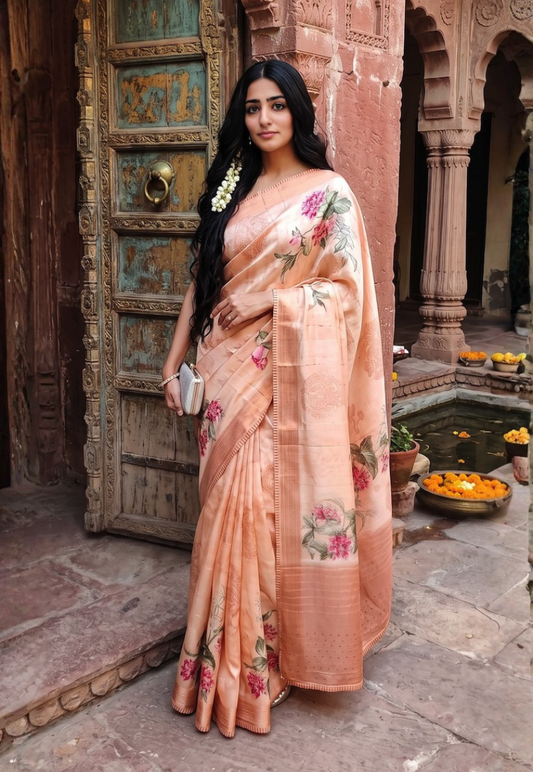 Lightweight warm beige cotton silk saree with large digital botanical print consisting of reddish and green foliage and blossoms with blouse piece