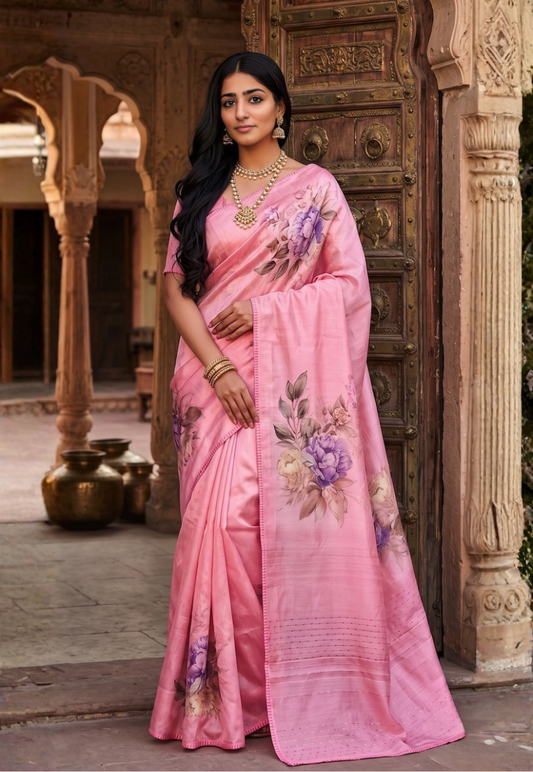 Lightweight soft pink  cotton silk saree with large hand painted style peonies in shades of pink and purple