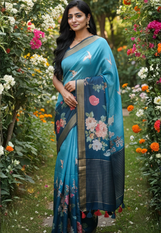Blue soft cotton silk saree with beautiful digital print featuring peonies and birds
