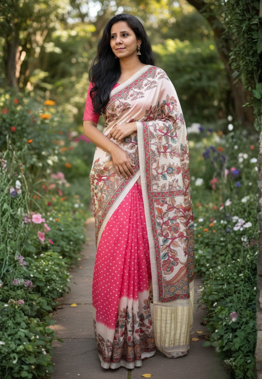 Traditional warm red and beige silk blend bandhani saree