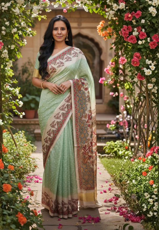 Traditional mint green and beige silk blend bandhani saree
