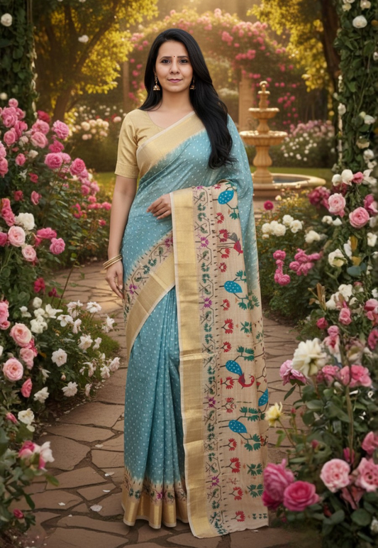 Traditional light blue and beige silk blend bandhani saree