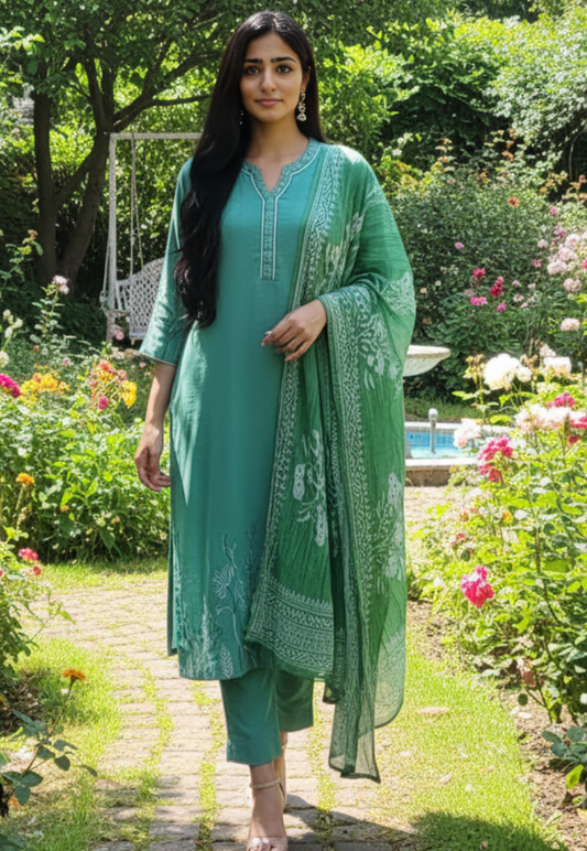 Sage green cotton salwar kameez with embroidered floral print