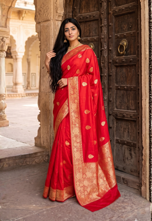 Red banarasi style cotton silk saree with small with traditional gold zari floral motifs and intricate zari border