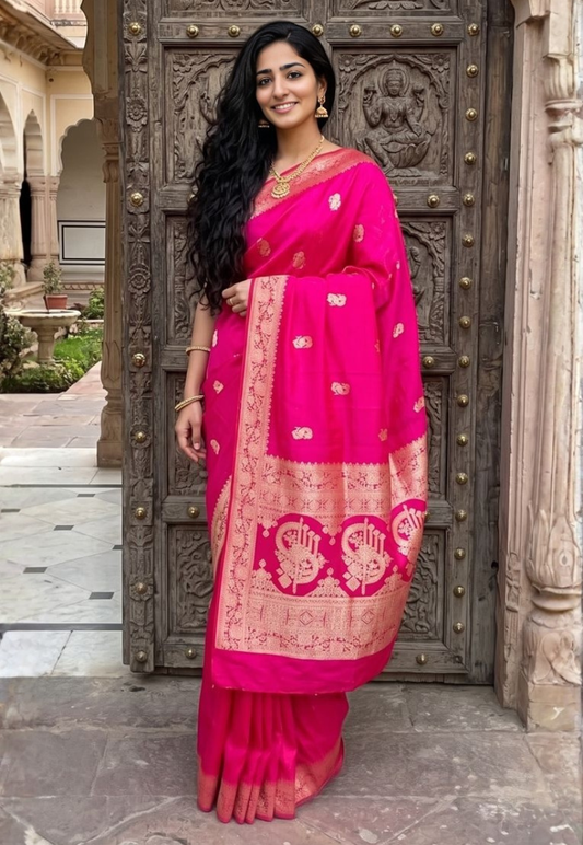 Rani pink banarasi style cotton silk saree with traditional gold zari floral motifs and elaborate zari border