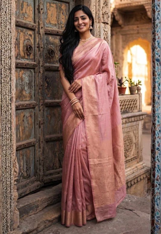 Dusty rose pink style cotton silk saree with small with traditional gold zari floral motifs and intricate zari border