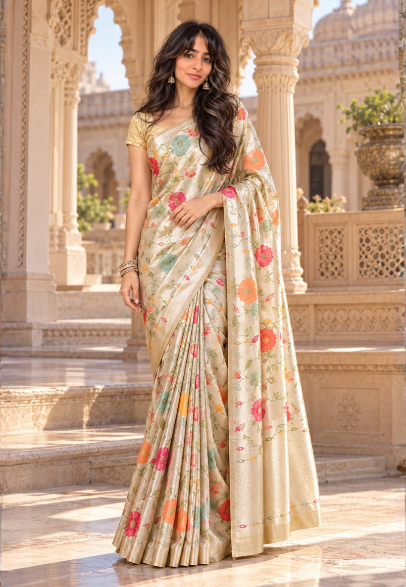 Matt gold saree with multicolour floral pattern