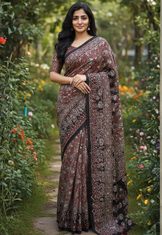 Traditional modal silk ajrakh saree with hand blocked printed patterns in crimson red, blue and black with natural dyes and mirror, embroidery and sequins