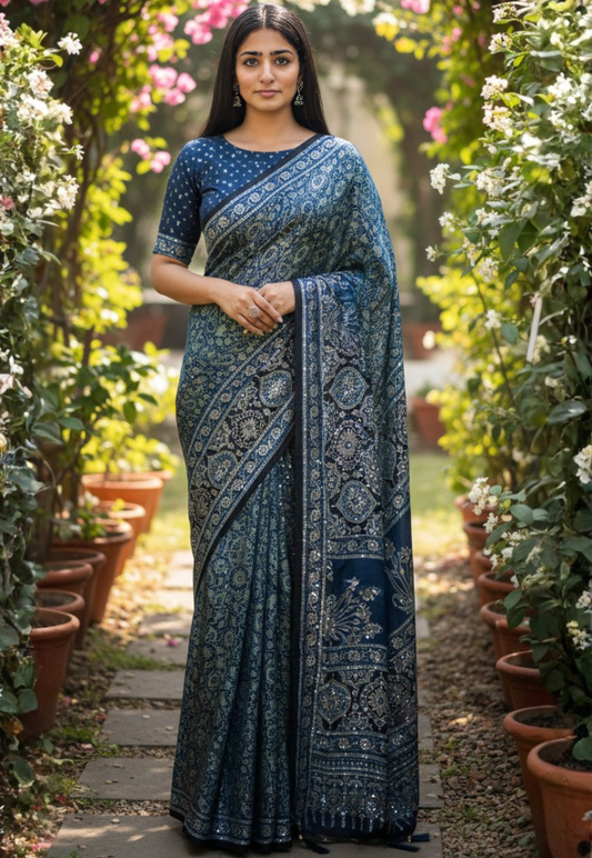 Blue ajrakh saree with floral paisley pattern, crafted from traditional breathable modal silk with embroidery and sequins