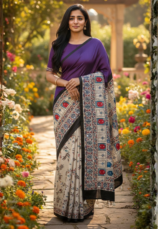 Rich dual toned indigo blue ,cream and purple ajrakh saree with aari,sequins and mirrorwork