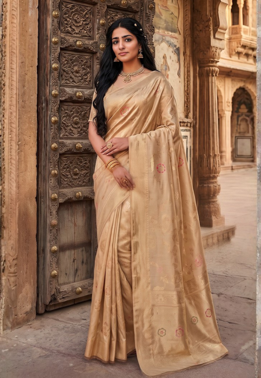 Champagne gold banarasi style cotton silk saree with complex floral zari woven pattern with colourful green and pink embroidery thread florals with zari border