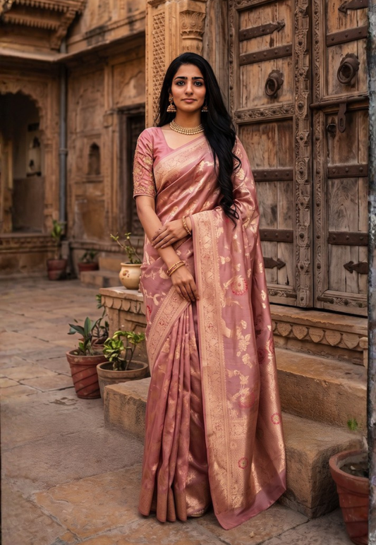 Onion pink banarasi style cotton silk saree with complex floral zari woven pattern with colourful green and pink embroidery thread florals with zari border