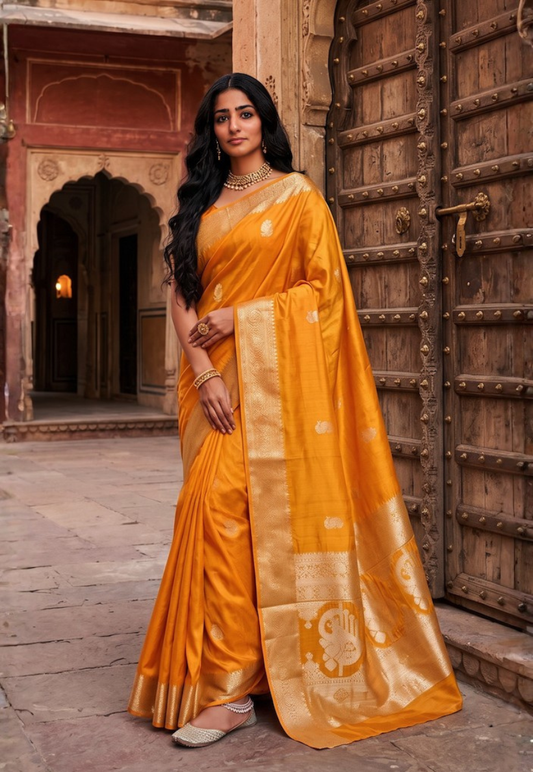 Yellowish mustard banarasi style cotton silk saree with small traditional gold zari floral motifs and intricate zari border