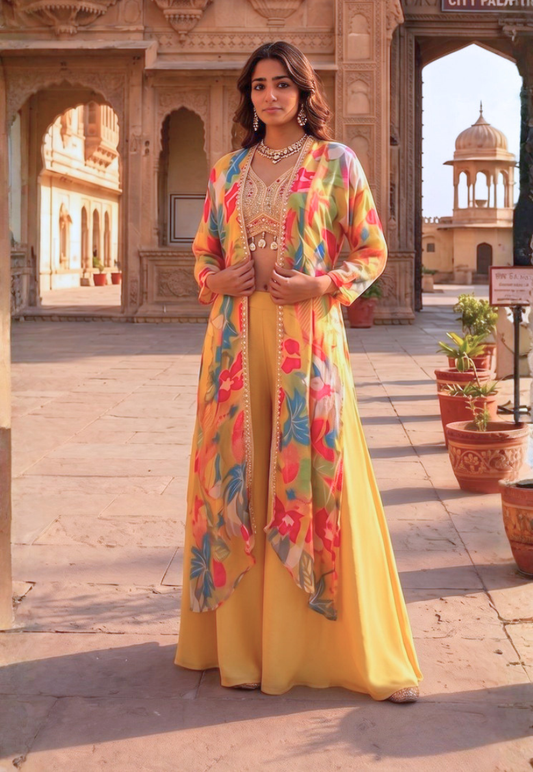 Mustard yellow with floral print Indo-Western style long jacket with palazzo pants and short gold blouse