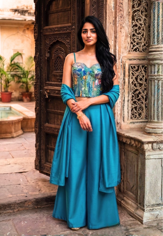 Turquoise Indo-Western style strappy corset top with abstract print and matching  palazzo pants
