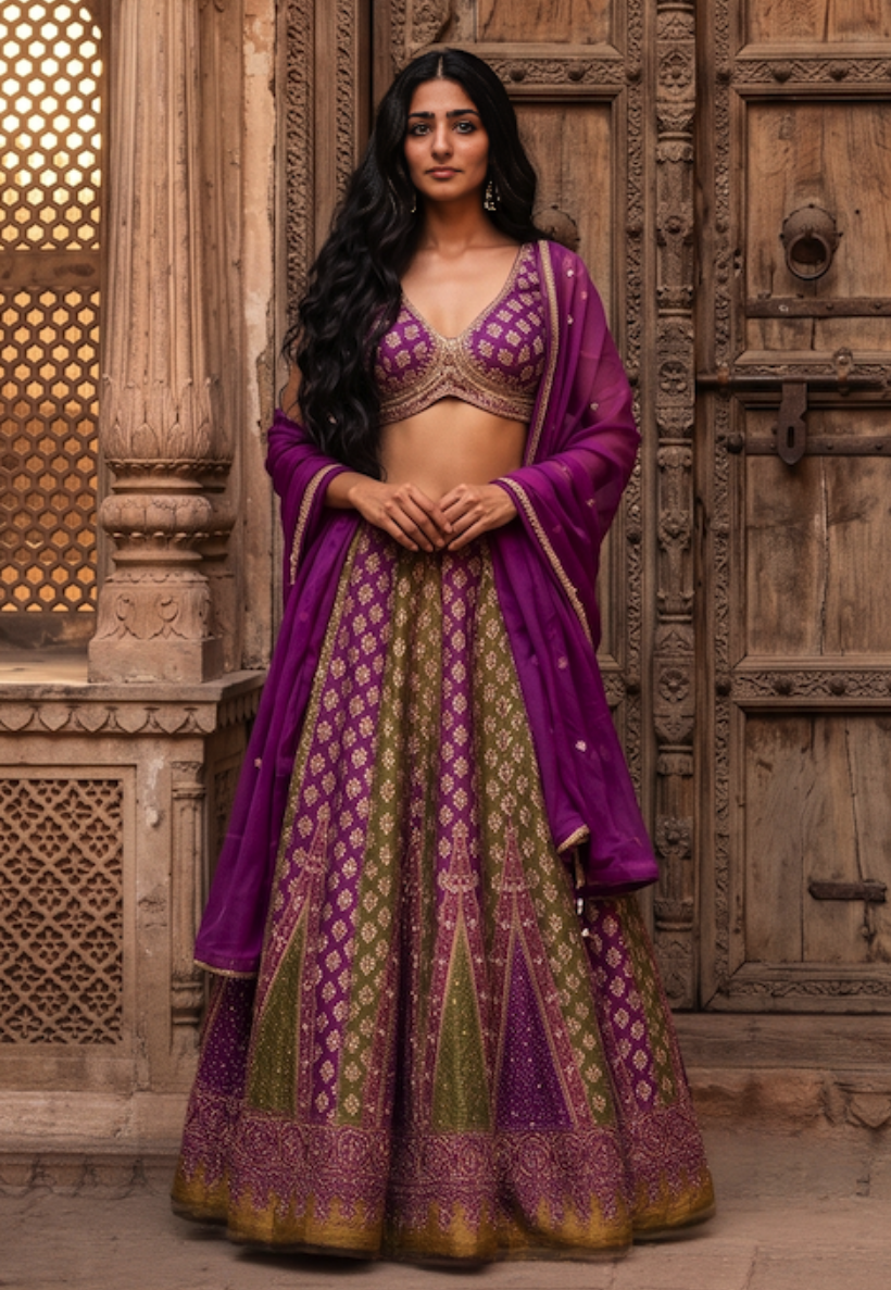 Rich olive green and magenta lengha with bead,mirror and stonework