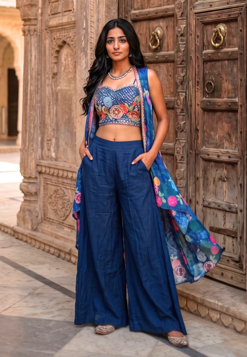 Royal blue Indo-Western strappy floral blouse and palazzo pants