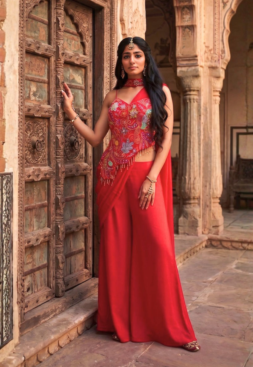 Indo-Western style cerise pink asymmetrical top with floral embroidery and sequin detail and  palazzo pants