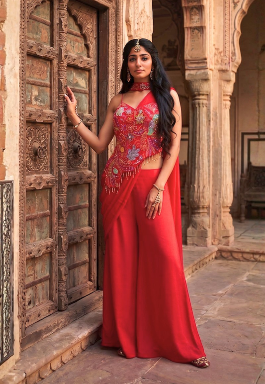 Indo-Western style cerise pink asymmetrical top with floral embroidery and sequin detail and  palazzo pants