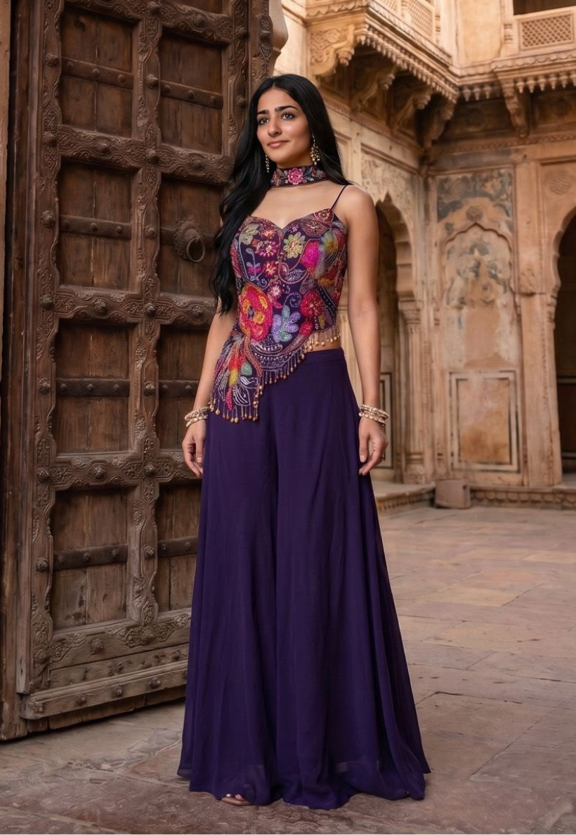 Indo-Western style purple asymmetrical top with floral embroidery and sequin detail and palazzo pants
