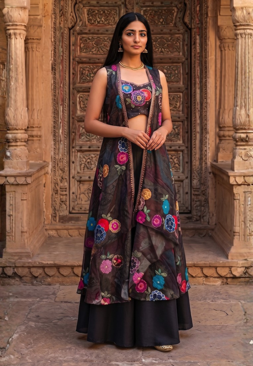 Charcoal black Indo-Western outfit  with long floral jacket and palazzo pants with short blouse