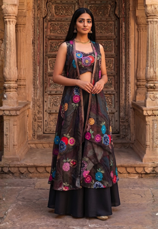 Charcoal black Indo-Western outfit  with long floral jacket and palazzo pants with short blouse