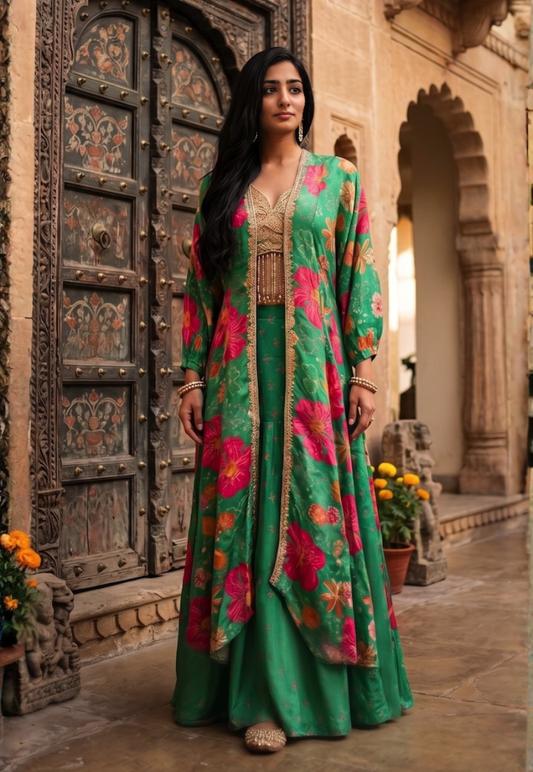 Emerald green with floral print Indo-Western style long jacket with palazzo pants and short gold blouse