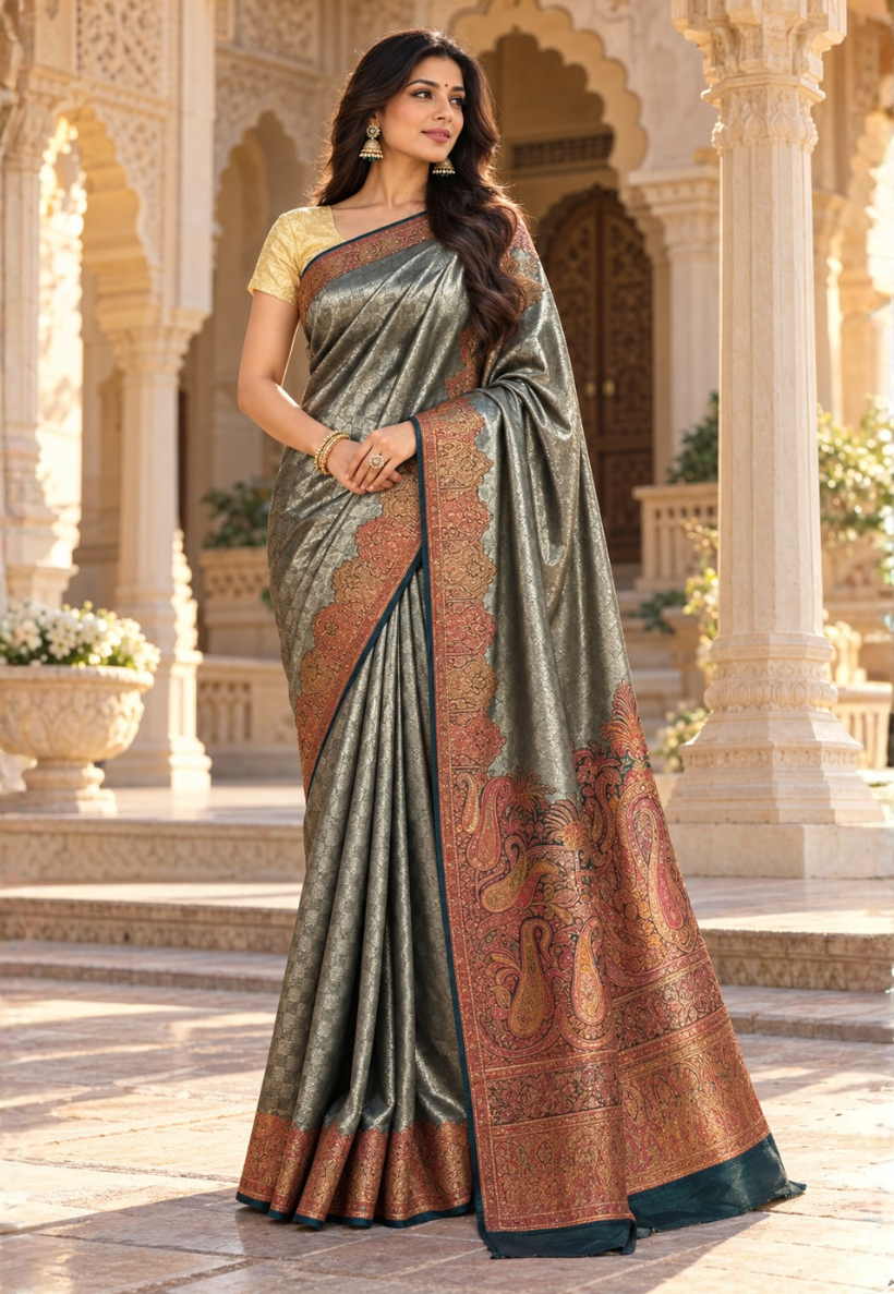 Teal and dark olive saree with paisley pattern embroidered border