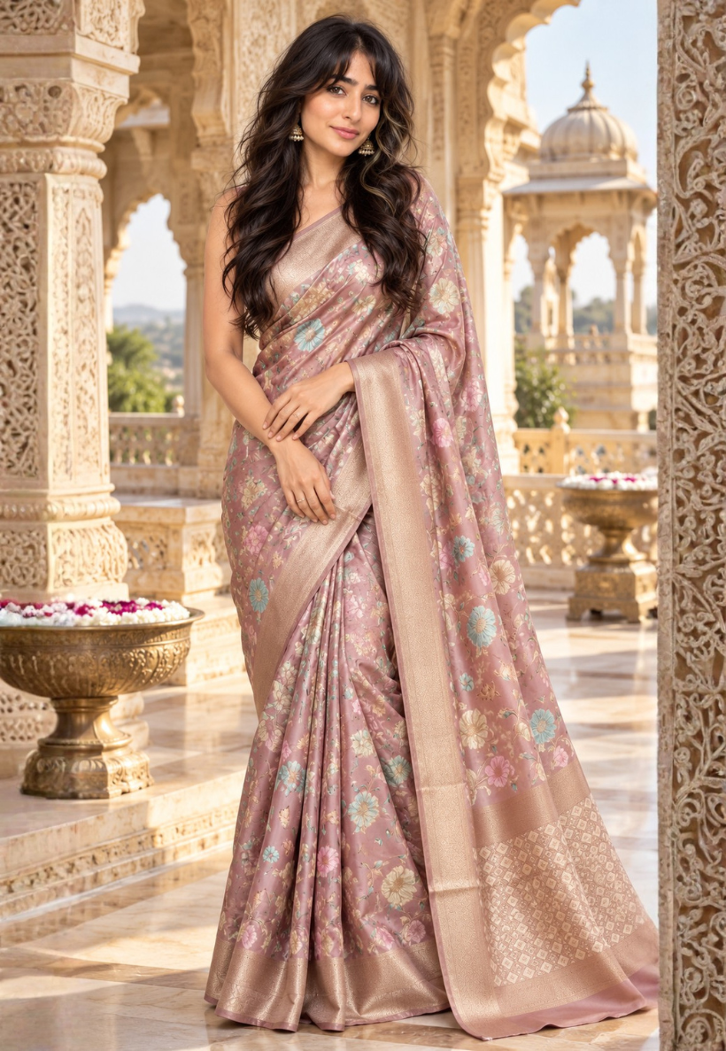 Dusty pink saree with floral pattern