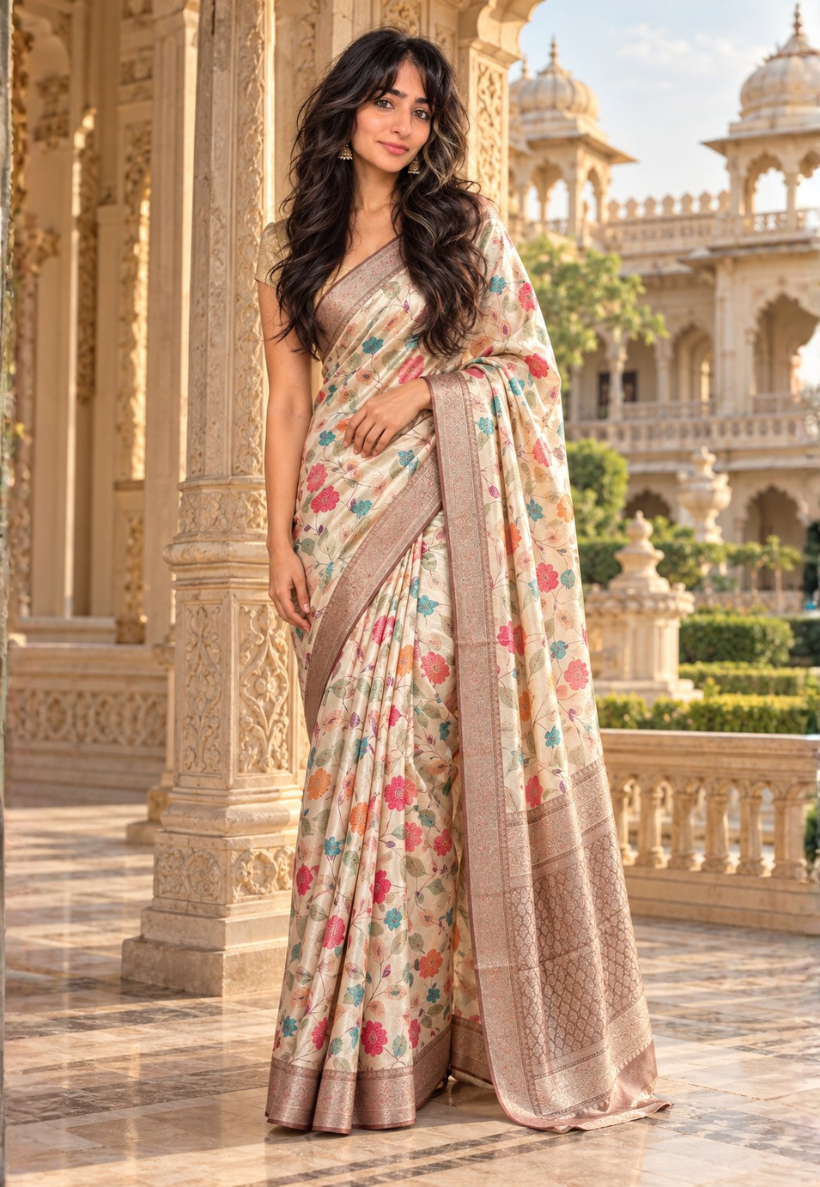 Champagne gold saree multicolour floral pattern