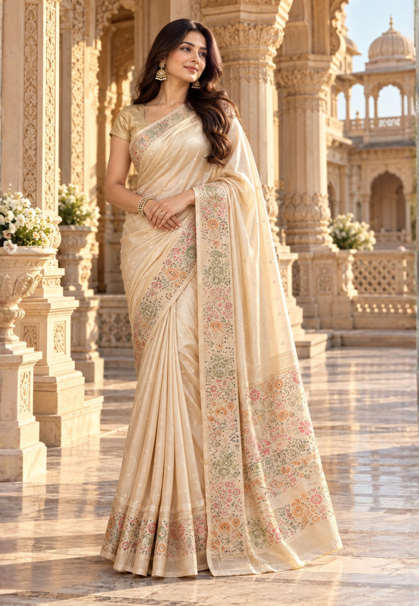 Ivory saree with floral colour embroidery border
