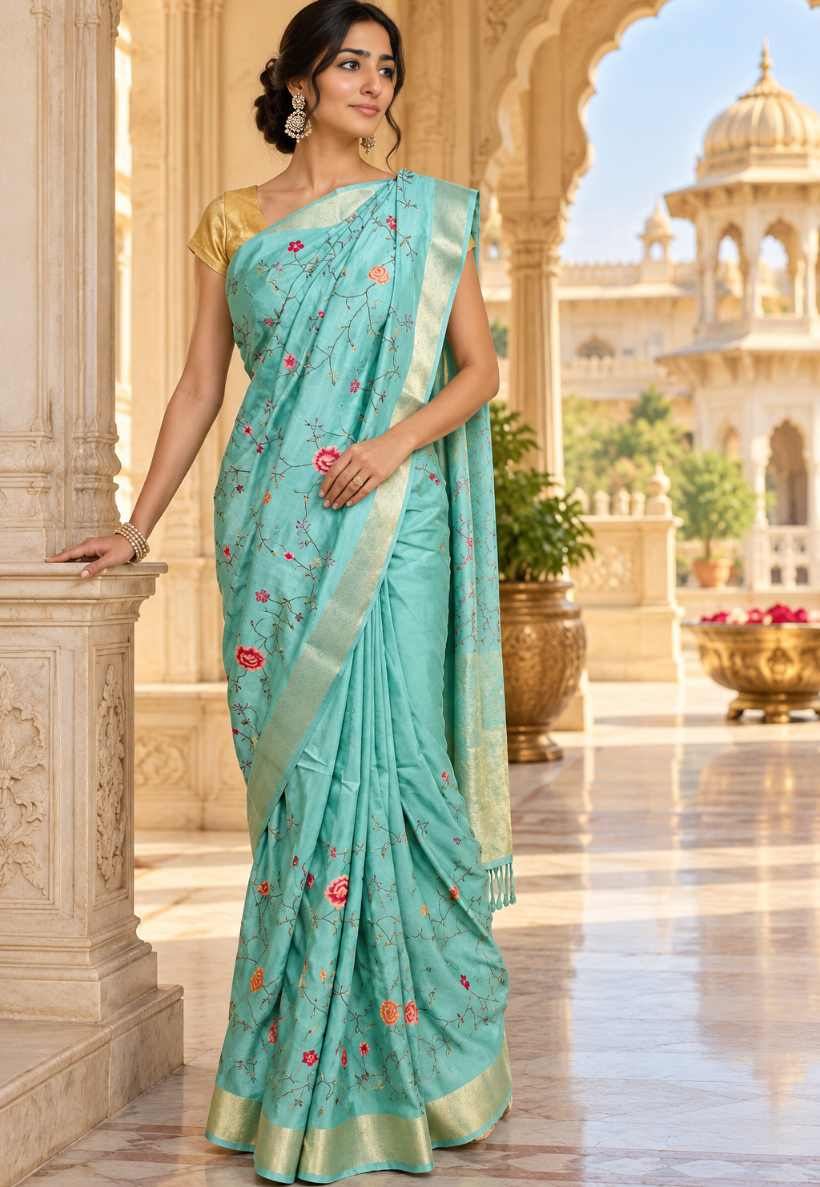 Light turquoise art silk saree adorned with intricate cross stitched cotton embroidery with traditional woven zari border  unstitched