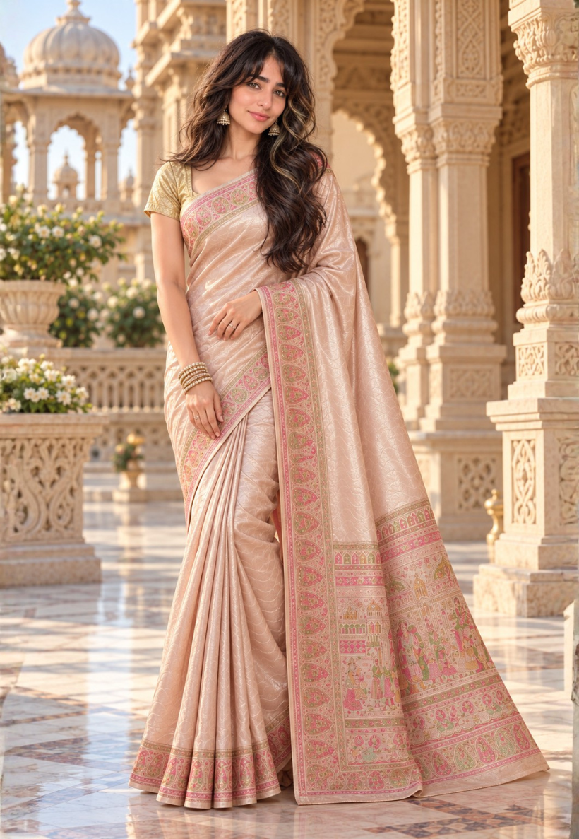 Dusty pink saree with paisley pattern embroidered border