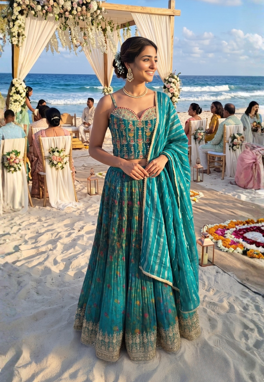 Teal green ombre shaded lengha with floral motifs in pink and yellow with gold gotapatti and sequins corset style top