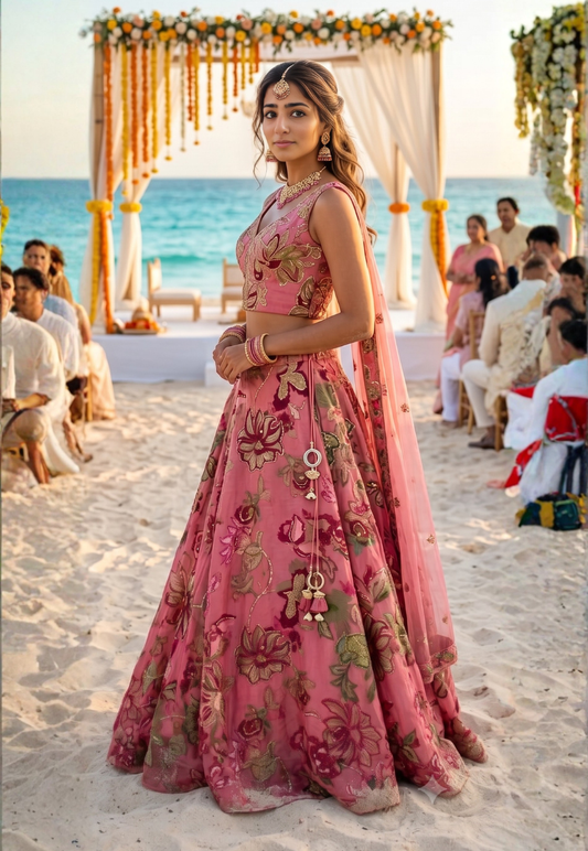 Dusty rose and magenta floral lengha with botanical prints highlighted by intricate sequins and embroidery