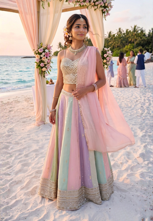Lightly shaded in blue,peach,green and purple in vertical patterns lengha with zari and sequins with stunning embezzled  mirror work blouse