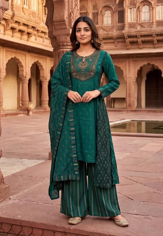 Emerald green indo western outfit with metallic bronze bead work, palazzo pants and long jacket