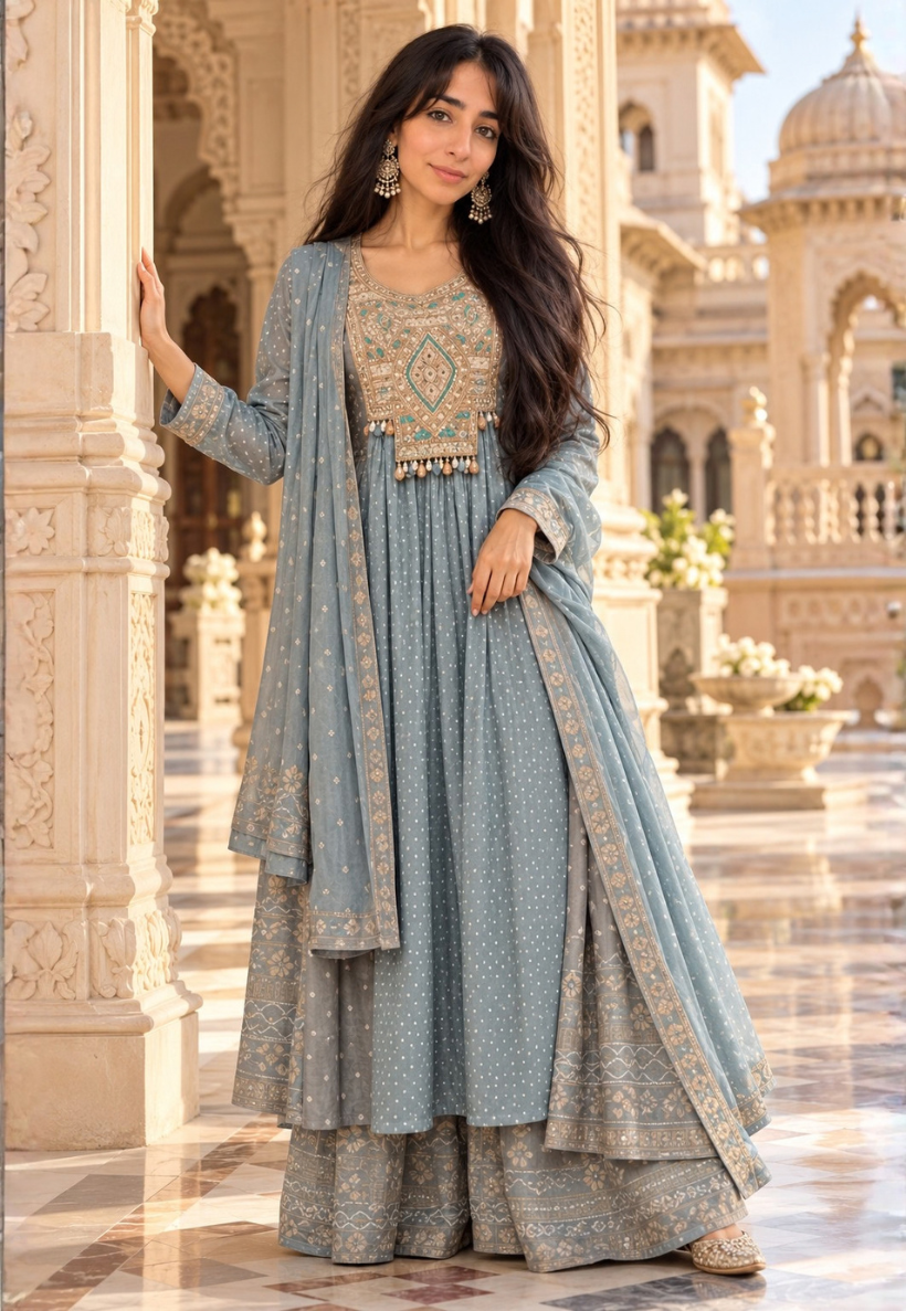 Blue/grey anarkali with multicolour embroidery and gold thread