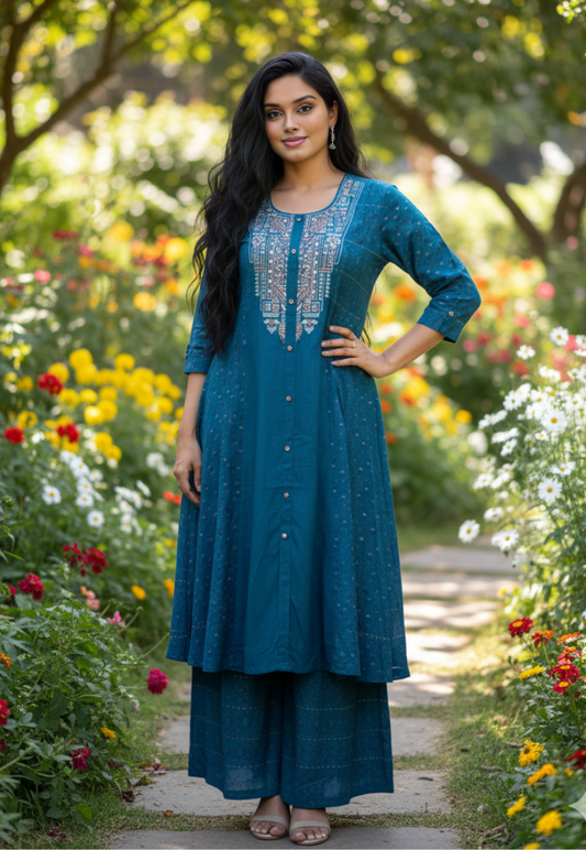 Teal silk kurti set with embroidery and mirror work detail n the bodice with matching printed teal pallazzo pants