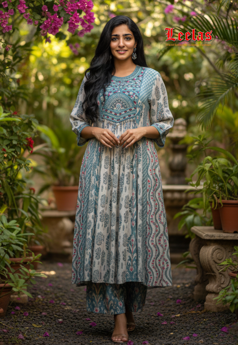 Cream and grey blue floral cotton silk kurti set