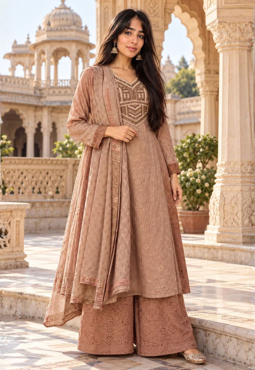Muted rose gold anarkali with multicolour embroidery