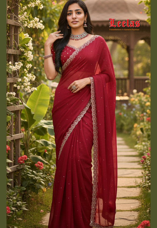 Cerise pink tissue silk shimmer saree with beaded stone work and sequins gold border.
