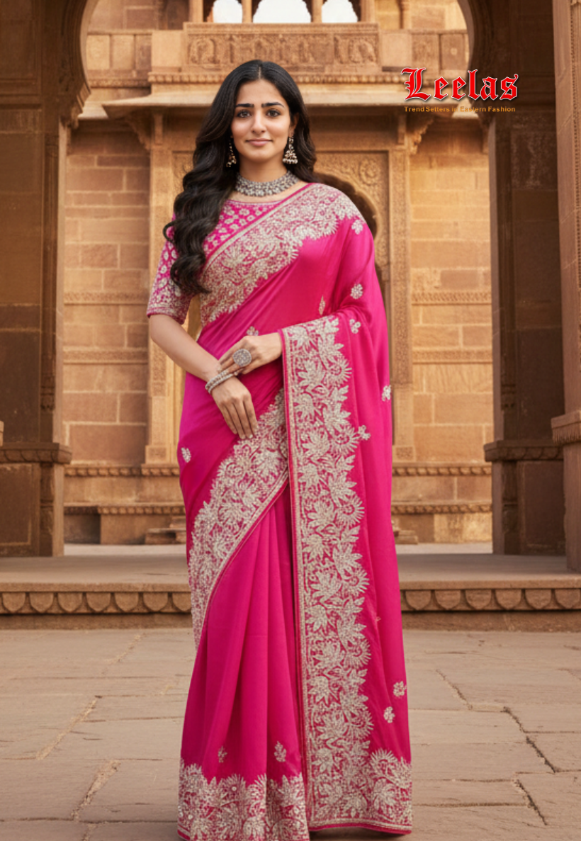 Cerise pink shamu silk saree with heavy silver stonework border.