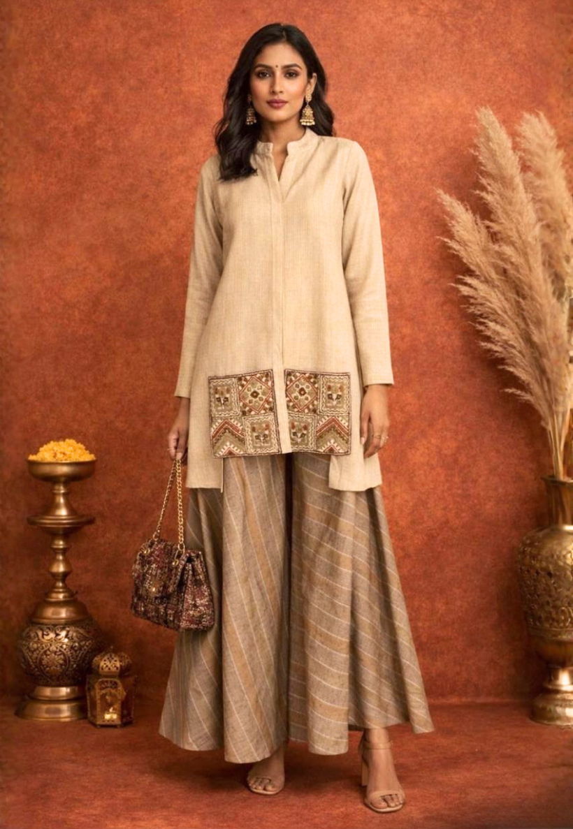 Cream and bronze kurti set with flared pants and mandarin collar jacket
