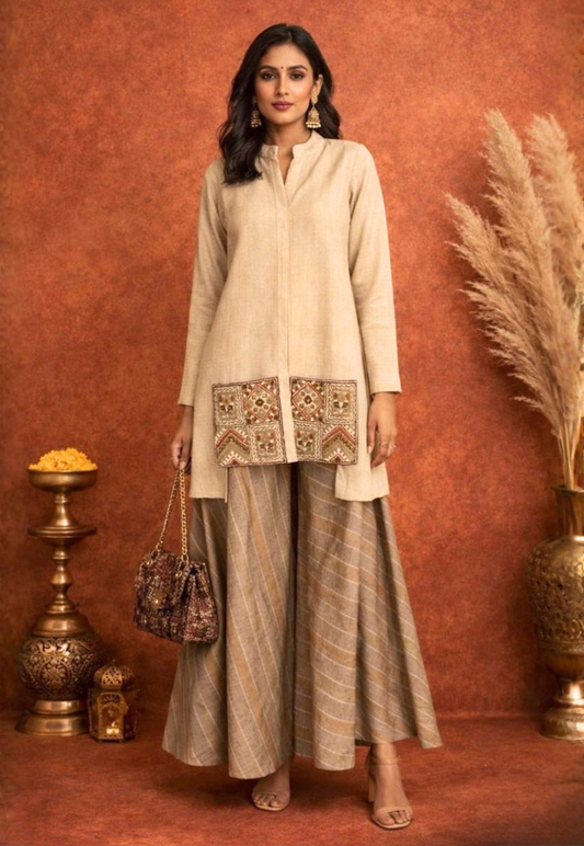 Cream and bronze kurti set with flared pants and mandarin collar jacket