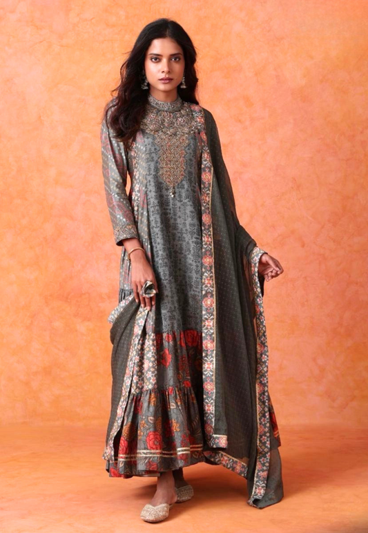 Shades of pista and olive green patchwork long dress with bandhani inspired prints
