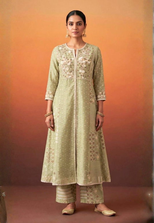 Sage green kurti set with cotton embroidery