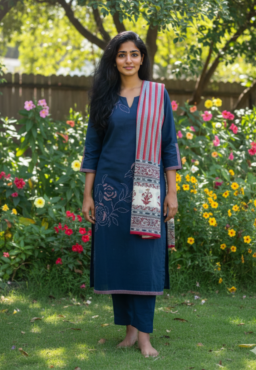 Navy blue cotton salwar kameez with floral embroidered pattern